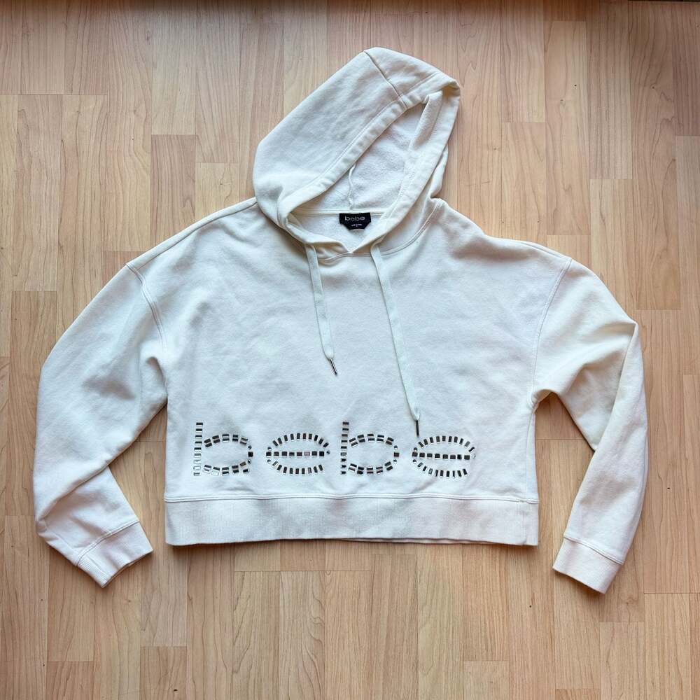 White Bebe Rhinestone Cropped Hoodie Embellished Y2K